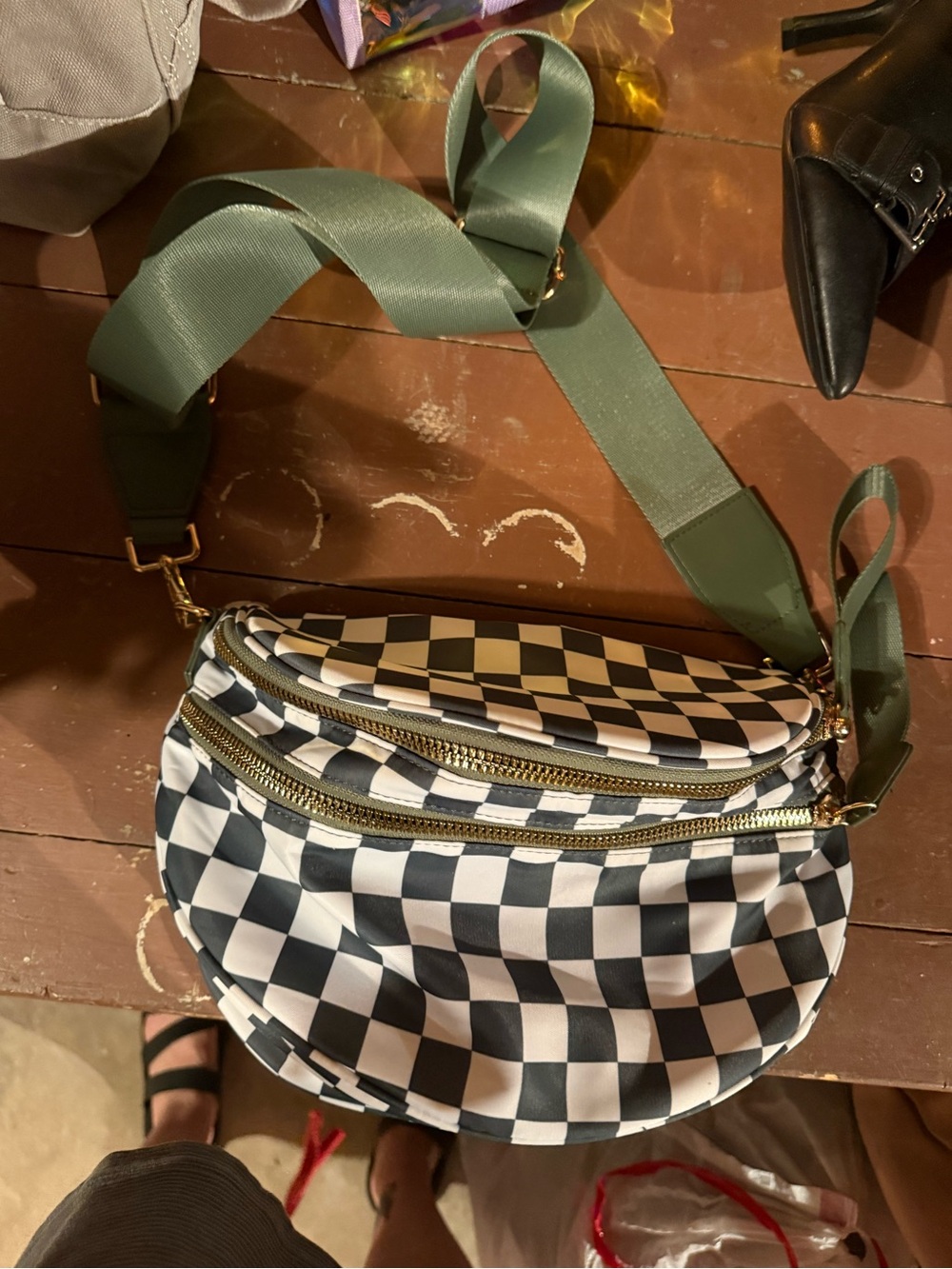 Amazon Checkerboard Crossbody Bag with Green Strap